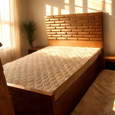 Contemporary Solid Wood Bed with Artistic Carved Headboard